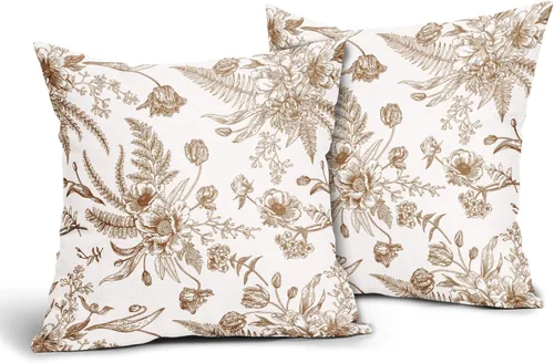 Vista 2 de Fundas de Almohada de Flores Marrones y Blancas Paquete de 2 de 18 x 18 Pulgadas Fundas de Cojín Vintage de Flores Marrones de Algodón y Lino