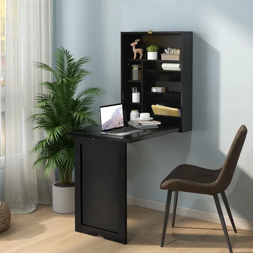 Vista 2 de Escritorio montado en la pared, escritorio flotante plegable de madera, escritorio convertible para computadora con área de almacenamiento, mesa