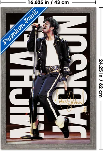 Vista 3 de Michael Jackson - Póster de pared con micrófono de rendimiento, 22.4 pulgadas de largo x 14.7 pulgadas de ancho, versión enmarcada de madera