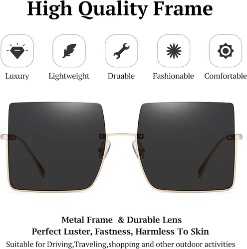 Vista 5 de SHES SH3103 - Gafas de sol cuadradas de gran tamaño para mujer, diseño de moda, marco de metal sin montura