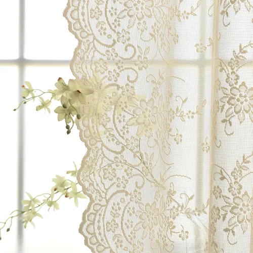 Vista 4 de Kotile - Cortinas de encaje beige de 45 pulgadas de largo para ventanas de cocina, 2 paneles, cortinas de encaje floral de vid traslúcidas