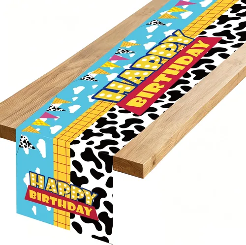 Vista 16 de Camino de mesa de feliz cumpleaños, negro, rojo, amarillo, ratón, tela de poliéster, decoración de mesa de comedor para decoración de fiesta