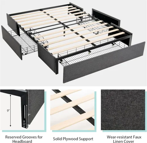 Vista 3 de KOMFOTT Base de cama tamaño Queen con 3 cajones, plataforma tapizada de tela, base de colchón con soporte de listones de madera, no necesita somier