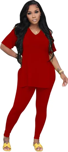 Vista 2 de Adogirl Conjunto deportivo de 2 piezas con abertura para mujer, conjunto deportivo de manga corta + pantalones largos ajustados casuales