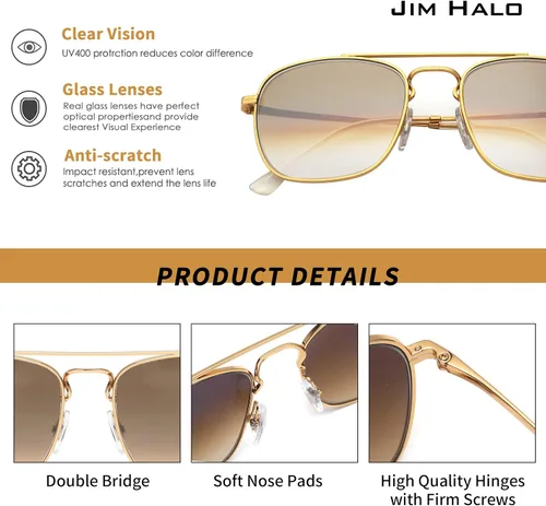 Vista 3 de JIM HALO Gafas de sol retro cuadradas estilo aviador con lente de cristal de alta calidad, gafas planas de metal para hombres y mujeres