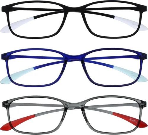 Vista 11 de OPULIZE ICE - Lentes de lectura para mujeres y hombres, marco rectangular resistente a los arañazos con bisagras de resorte, azul oscuro cristal