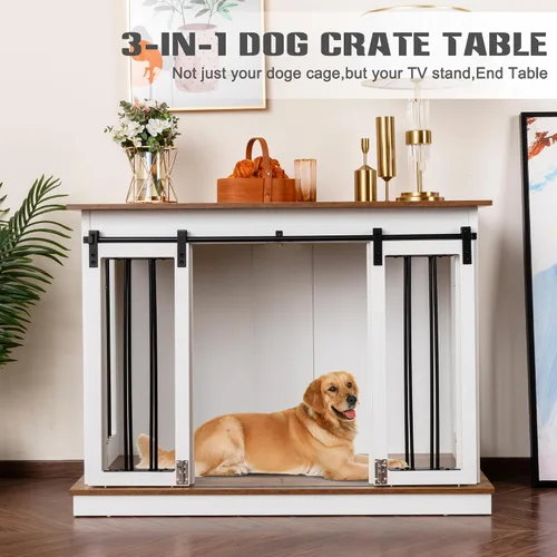 Vista 2 de Mueble de jaula para perros con divisor, mesa auxiliar de madera para perreras, casa de perro de raza grande para interiores para un perro grande