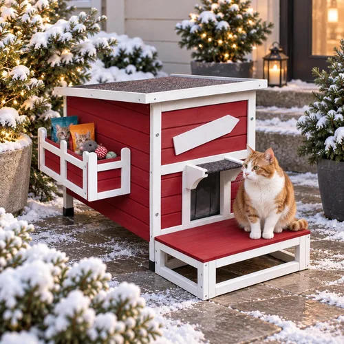 Vista 9 de Hicaptain Casa para gatos al aire libre, refugio aislado para gatos con puerta de escape, exterior resistente a la intemperie, casa pequeña