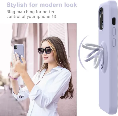 Vista 3 de MOCCA Funda compatible con iPhone 13 de 6.1 pulgadas con soporte de anillo Silicona líquida Forro de microfibra Funda protectora antiarañazos