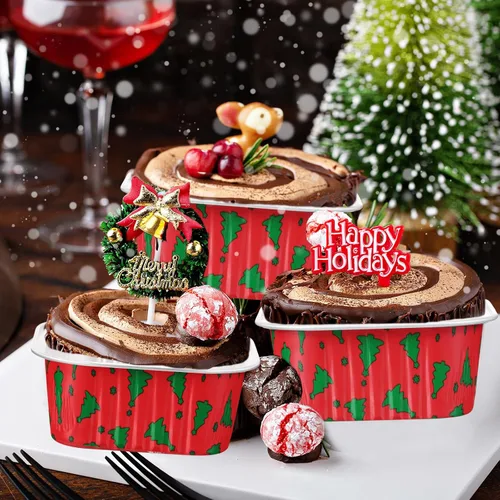 Vista 6 de 100 piezas de tazas de aluminio para Navidad, contenedor de cupcakes de papel de aluminio con tapas, 5 onzas, molde cuadrado de papel de aluminio