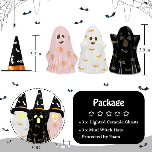 Vista 2 de Decoraciones de Halloween para interiores, juego de 3 fantasmas de cerámica de Halloween con sombreros de bruja, bonita decoración espeluznante