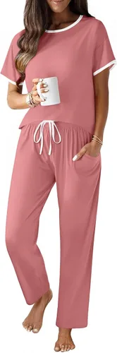 Vista 15 de Ekouaer - Conjunto de pijama de 100% algodón para mujer, manga corta, con pantalón largo, 2 piezas, juego de ropa para dormir con bolsillo