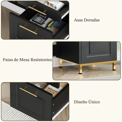 Vista 4 de 4 EVER WINNER Escritorio negro con cajones, escritorio de 43 pulgadas con archivador de almacenamiento y mango dorado, escritorio de oficina en casa