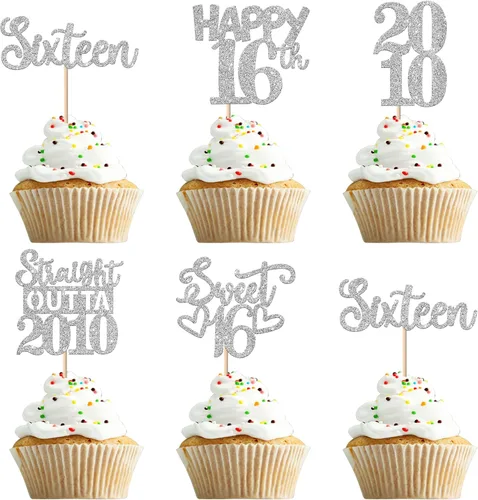 Vista 123 de 30 piezas negras para cupcakes de 10.º cumpleaños con purpurina Ten Happy 10 Straight Outta 2016 para saludos a 10 años 10 cumpleaños, boda Negro