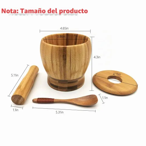 Vista 3 de Juego de mortero y mortero de madera con tapa y cuchara
