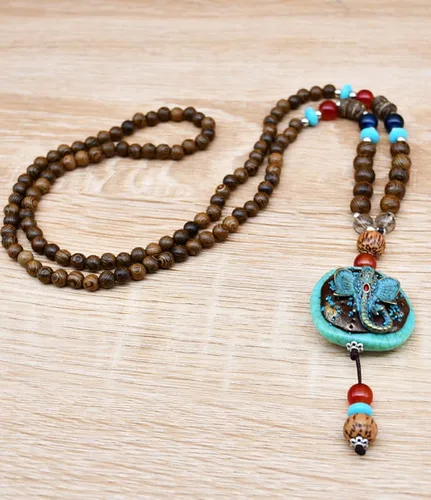 Vista 2 de Collar largo vintage hecho a mano con cuentas de madera turquesa para mujer joyería de moda Metal