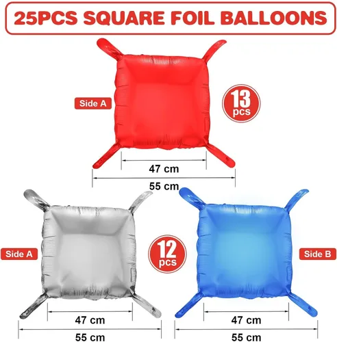 Vista 2 de Globos de aluminio cuadrados rojos, azules y plateados, kit de 25 globos de doble cara para fondo, túnel de helio, arco, guirnalda para el 4 de Rojo