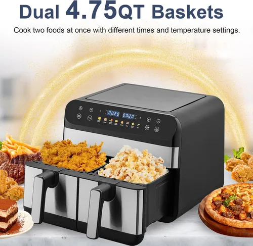 Vista 3 de Horno freidora de aire de 9.5 cuartos de galón, 2 cestas de doble zona, pantalla táctil LED, combina con cocina y acabado inteligente para asar