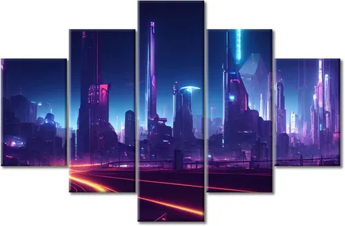 Vista 206 de Cuadros de 5 paneles de Cyberpunk City, arte de pared, representación de vallas publicitarias, edificios modernos en la capital con obras de arte