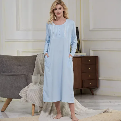 Vista 3 de Keyocean Camisones para mujer con bolsillos, 100% algodón, suave, ligero, manga larga, camisón para mujer