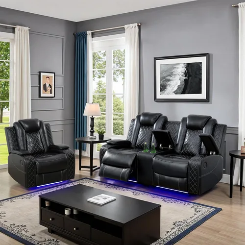 Vista 10 de Juego de sofá reclinable eléctrico para sala de estar, juego de sofá reclinable de cuero con luz LED, soporte para tazas, almacenamiento de consola