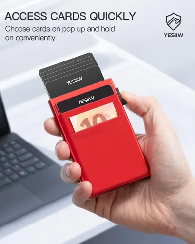 Vista 3 de YESIIW Pop up Slim Card Holder RFID Blocking with Money Pocket Minimalist Business Credit Card Wallet for Women and Men Aluminum Metal Bank Card