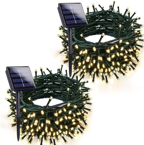 Vista 16 de Paquete de 2 luces solares de Navidad multicolor para exteriores, impermeables, 200 LED de 66 pies, cable verde con 8 modos, luces solares de hadas