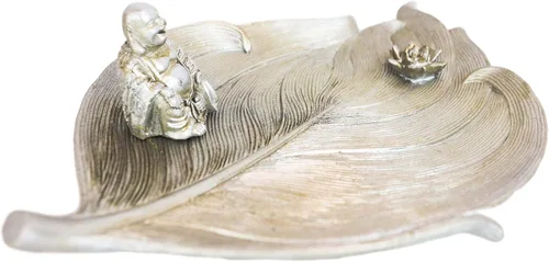 Vista 4 de Ebros Gift Buddhism Hotei Laughing Buddha sentado en Bodhi hoja de árbol con flor de loto incienso soporte quemador figura Zen Feng Shui hogar