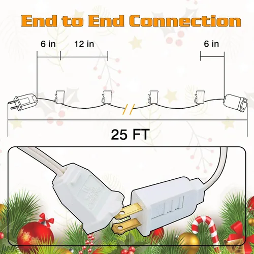 Vista 2 de Cadena de luces de Navidad C9 de 25 pies, enchufes de luz E17 con separación de 12 pulgadas, juego de cadena de luces C9 blanco para decoración