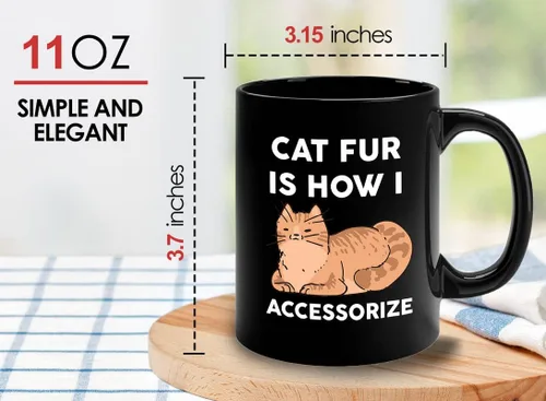 Vista 5 de Taza de café para amantes de los gatos, 11 onzas, color negro, piel de gato Is How I Accessorize, divertido dueño de gatos, gatito, mascota, gato