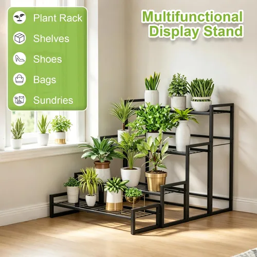 Vista 6 de VyGrow Soporte para plantas, soporte apilable para plantas de 4 niveles, estante escalable resistente para plantas altas para interiores y negro