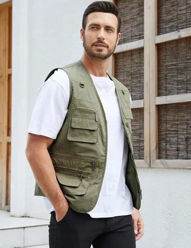 Vista 3 de Gihuo Chaleco de Pesca para Hombre Chaleco de Utilidad Safari Viaje con Bolsillos Trabajo al Aire Libre Foto Cargo Mosca Chaleco de Verano Verde