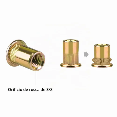 Vista 4 de Tuercas de remache de 3/8 "-16 tuercas remachables de acero al carbono roscadas para metal 3/8-16UNC tuercas cuerpo moleteado de cabeza plana, 50
