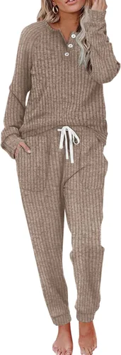 Vista 36 de Wiholl - Conjuntos de dos piezas para mujer: ropa cómoda con sudadera abotonada y pantalones deportivos con bolsillos