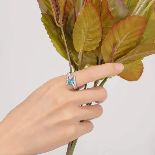 Vista 6 de Anillos de promesa de plata fina 925 Zomodia para ella, anillos personalizados para madres con 2 piedras de nacimiento de imitación, joyería