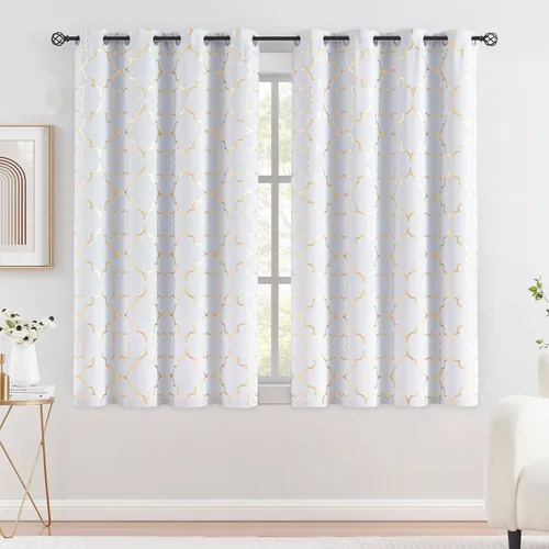 Vista 14 de Purainbow Cortinas opacas beige para dormitorio, sala de estar con paneles de impresión de lámina dorada, oscurecimiento de la habitación