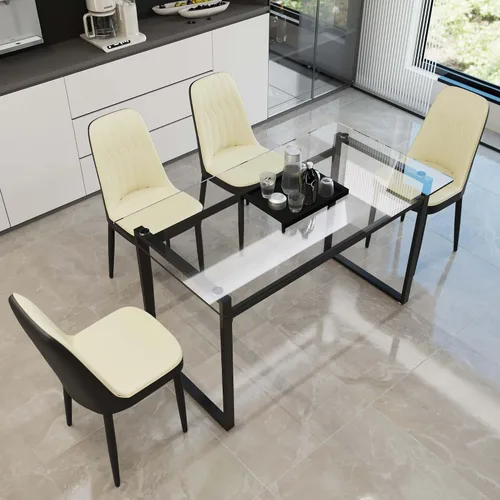 Vista 9 de Juego de mesa de comedor de cristal moderno para 4, juego de mesa de cocina rectangular, juego de mesa de comedor de 5 piezas con 1 mesa de vidrio