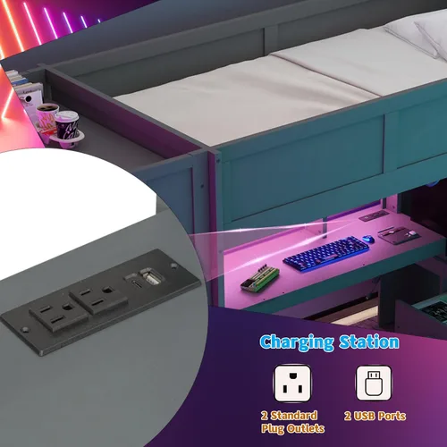 Vista 6 de Polibi Cama loft de tamaño individual para juegos con escritorio, LED y estación de carga, marco de cama loft de madera con estantes