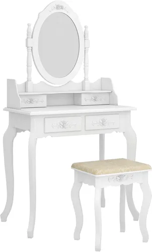 Vista 4 de Juego de tocador con 4 cajones de rotación de 360 grados extraíble, mesa de maquillaje con taburete, escritorio de tocador para dormitorio