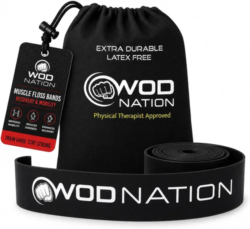 Vista 10 de WOD Nation Muscle Floss Bands Recovery Band for Tack and Flossing Sore Muscles and Increasing Mobility : Stretch Band Includes Carrying Case Negro