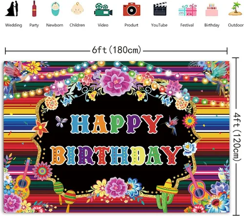 Vista 6 de Telón de fondo de cumpleaños mexicano para fotografía, fiesta temática, fiesta de cumpleaños, suministros de decoración, fondo de cabina de fotos