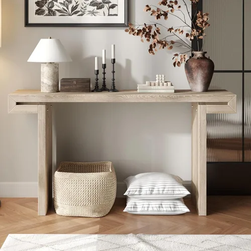 Vista 13 de Mesa consola de madera de 45 pulgadas para mesa de entrada, consola minimalista estrecha retro de granja con madera de mango maciza, mesas de sofá
