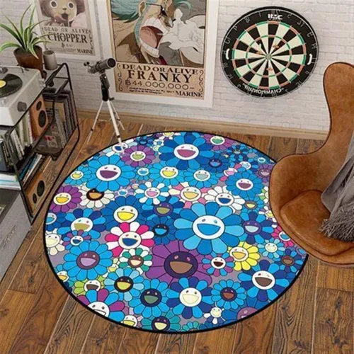 Vista 14 de 100x100cm (40x40 pulgadas) Alfombra de Takashi Murakami con diseño de flores, material suave y duradero para decoración del hogar y uso en la 02
