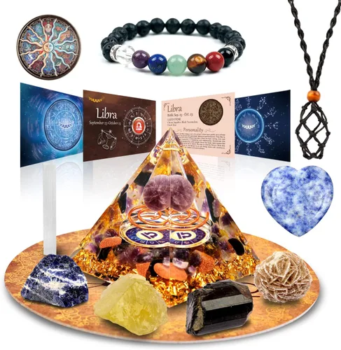 Vista 10 de Pirámide de orgón del horóscopo, juego de regalo de cristal curativo, piedras del signo del zodiaco a piedra natal complementaria, para astrología