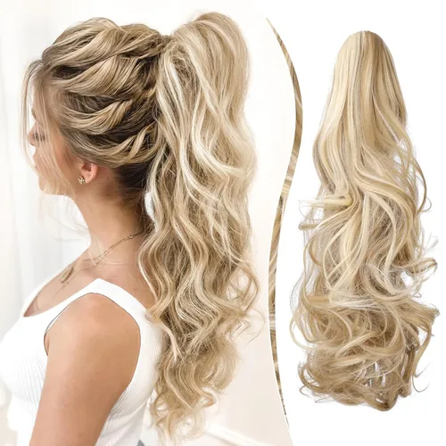 Vista 22 de Felendy Extensión de cola de caballo de 18 pulgadas, mezcla de rubio ceniza, marrón oscuro, rizado, ondulado, con clip, extensiones de cabello largo