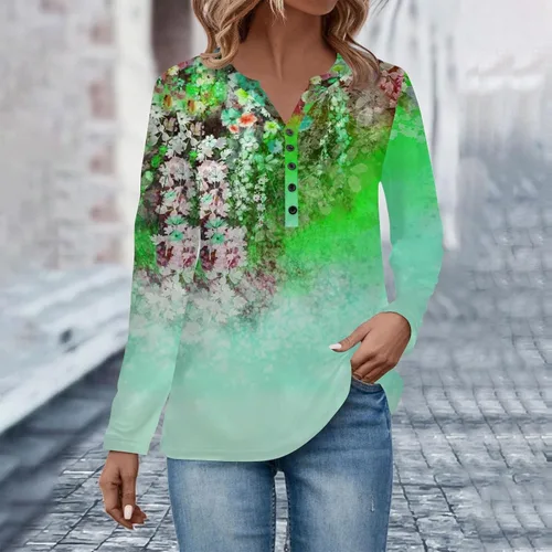 Vista 4 de Camiseta de manga larga con cuello en V para mujer, con botones y estampado de moda, para fiesta, casual