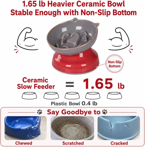 Vista 5 de Ceramic Slow Feeder Cat Bowl, 15-Degree Tilted Non-Slip Grey