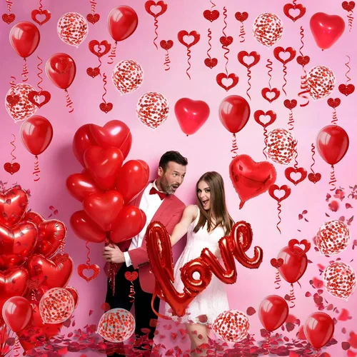 Vista 6 de Fecedy Globo de papel de aluminio en forma de amor y corazón, globos de látex redondos y en forma de corazón, globo de confeti, pétalos falsos