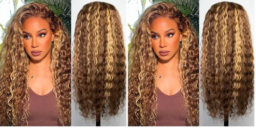 Vista 5 de Chesma Peluca de cabello humano rubio miel 4/27 degradado con encaje frontal de 13 x 4, con reflejos HD y ondas profundas, sin pegamento, densidad