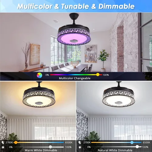 Vista 3 de Fandian Ventilador de techo Bluetooth inteligente moderno de 42 pulgadas con luces de control remoto, lámpara de techo retráctil, 7 luces